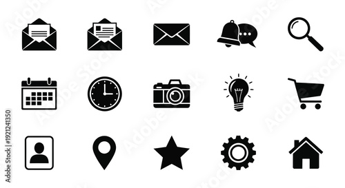 Collection of communication and utility icons in black silhouette