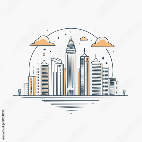 Modern Cityscape Illustration of Tall Buildings and Clouds in a Minimalist Style