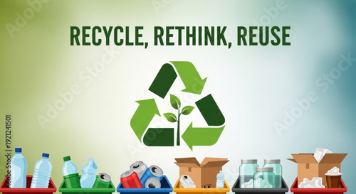 Recycling concept with recycle symbol and various recyclable materials on colored trays