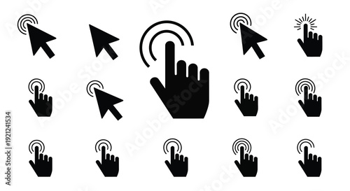 Various hand cursors pointing and clicking a digital interface silhouette