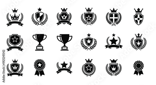 Collection of heraldic emblems and award symbols in black silhouette