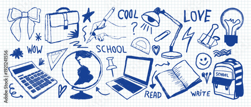 Blue crayon or chalk hand drawn Book lover study doodles set. illustration of table lamp, bulb, measure scale, scribble lines. Best for tshirt or graphic design.