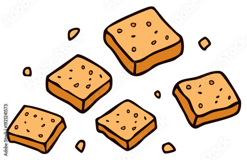 Scattered Square Toasted Bread Pieces Crunchy Snack Food Illustration