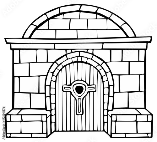 Fantasy stone doorway with arched gate and decorative elements, ancient architecture