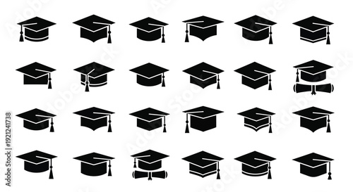 Multiple graduation caps arranged in a grid pattern silhouette