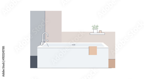 Modern bathroom scene with bathtub, faucet, towel, plants, and shelf, viewed from the front