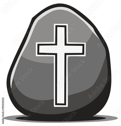 Simple gray stone with a prominent white Christian cross symbol carved on its surface