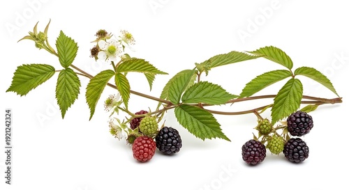 Blackberry Branch with Ripe Fruit and White Flowers on White Background.