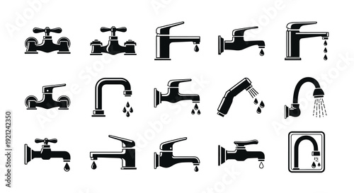 Collection of various black faucet designs in a simple silhouette