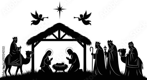 nativity scene silhouette depicting holy family magi angels and bethlehem star a christian christmas worship symbol.