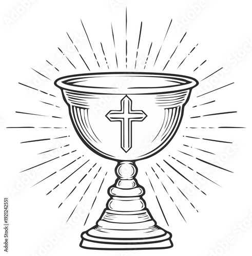 Religious symbol illustration of a chalice with a cross and radiating light.