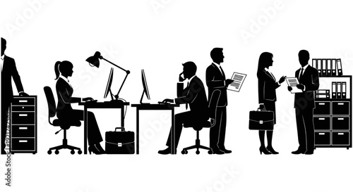office workers and business professionals silhouettes engaged in tasks collaboration and administration in a corporate environment.