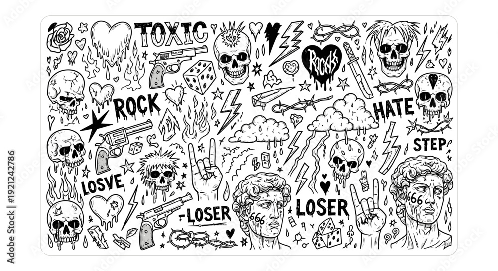 Fototapeta premium punk rock doodle art collection featuring skulls guns lightning hearts and grunge ideal for alternative culture and design.