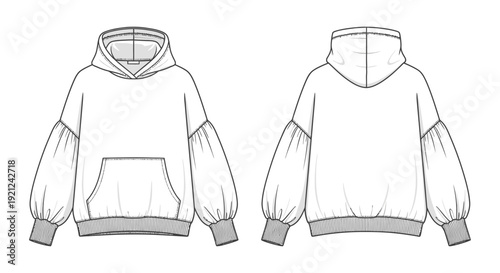 oversized womens hoodie technical flat sketch with voluminous gathered sleeves dropped shoulders and kangaroo pocket apparel design.