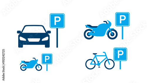 parking signs vector illustration of car motorcycle and bicycle depicting designated parking areas for urban transport and traffic.