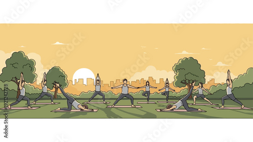 people practicing outdoor yoga on mats in a park at sunrise with a cityscape illustrating wellness mindfulness and healthy living.