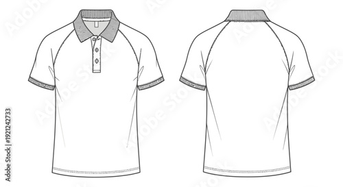 polo shirt technical drawing with raglan sleeves and ribbed collar displaying front and back views for apparel design and fashion flats