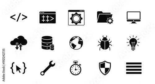 Black icons representing coding data and technology a silhouette