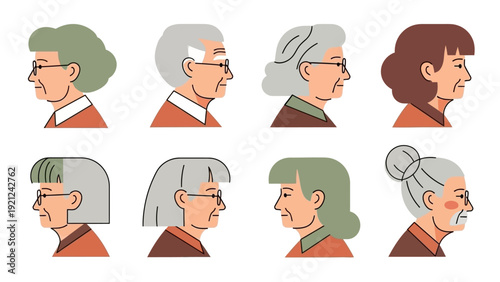 profile illustrations of diverse senior citizens depicting elderly men and women with various hairstyles representing aging and community.