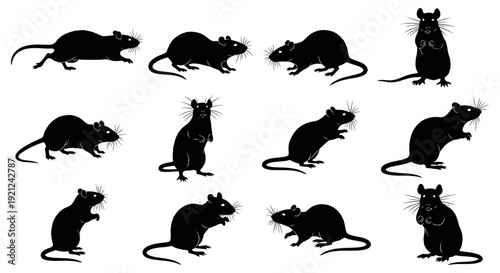 rat silhouettes in diverse poses isolated on white ideal for illustrating pest control biology or animal research ideas.