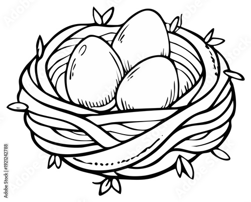 Three eggs nestled in a hand woven bird nest with delicate leaves and twigs