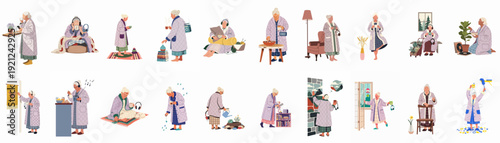 Collection of senior women enjoying daily life activities and hobbies at home, embracing comfort and self-care in their routine.