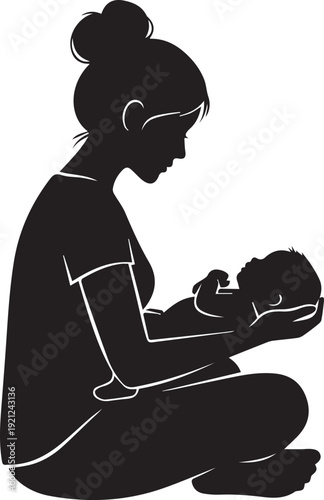 Silhouette of a woman sitting and breastfeeding a baby