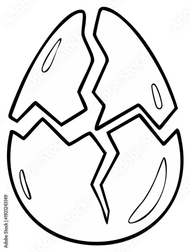 Broken eggshell illustration, hatching concept, cartoon graphic design element.