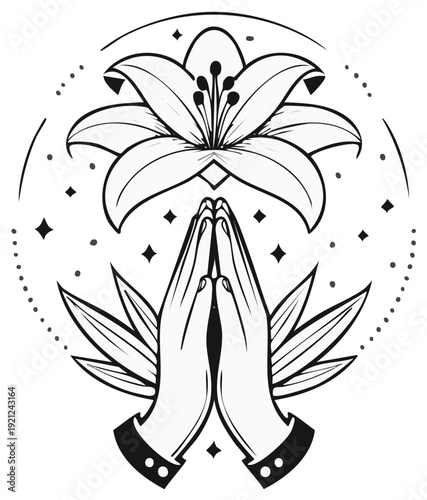 Praying hands with lily flower and spiritual design elements