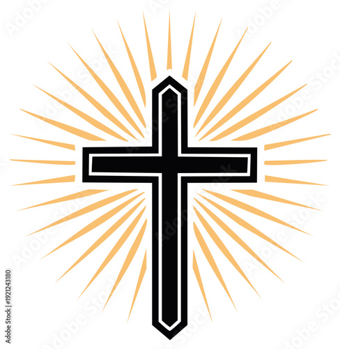 Black Christian Cross Illuminated by Golden Rays of Light Symbolizing Faith and Spirituality