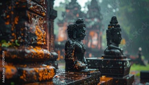 FlyPro Firefly captures an ancient stone statue enduring corrosive, acidic rain, showcasing relentless erosion of a historic monument, a slow, insidious process.