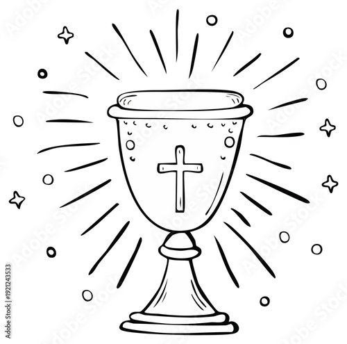 Hand drawn chalice with cross and radiating light rays
