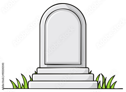 Blank stone tombstone with arched top and grass at the base illustration