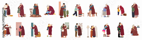 Grandmother's unconditional love: a heartwarming collection of embraces with family members across generations, offering comfort, support, and deep emotional connection.