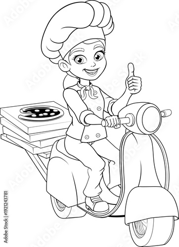 Cartoon chef woman riding a...