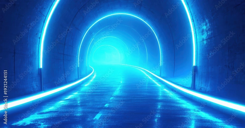 Fototapeta premium Futuristic tunnel glows bright blue. Concrete walls curve toward distant light. Road stretches into darkness, illuminated by neon strips.