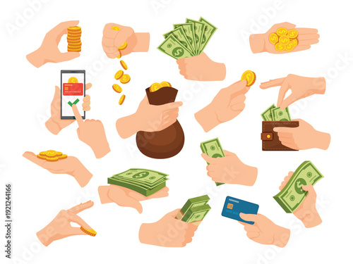 Hands with money. human hands holding banknotes coins credit card smartphone. finance business payment methods