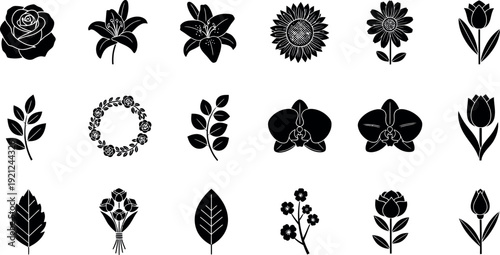 Black and white floral including roses lilies sunflowers and leaves silhouettes