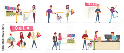 Shopping at supermarket or store, sale promotion vector illustrations set, people buying products