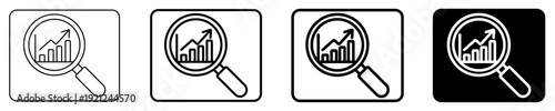 Set of business analysis vector icons depicting a magnifying glass over a bar chart with an upward trend line, symbolizing data research and financial growth success