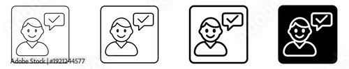 Modern vector icon set depicting a smiling user avatar with a checkmark in a speech bubble, symbolizing verified profile, confirmed identity, successful task, and approved account status.