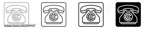 Set of classic rotary telephone icons, showcasing vintage communication devices with a dial pad in various outline and filled styles for retro technology and contact symbols.