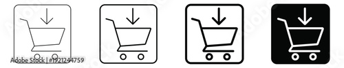 Set of diverse shopping cart with down arrow icons in modern minimalist line art and solid black styles, representing add to cart, purchase, and e-commerce functions