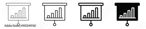 Set of business presentation screen icons with increasing bar chart showing financial data analysis, market growth, success, and statistical reporting vector elements