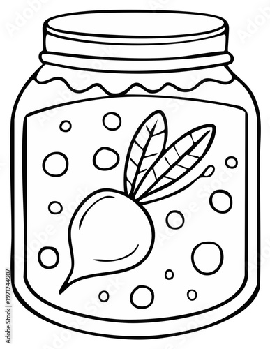 Illustration of jar containing beetroot with floating circles, simple drawing style, isolated vector design, outline food illustration