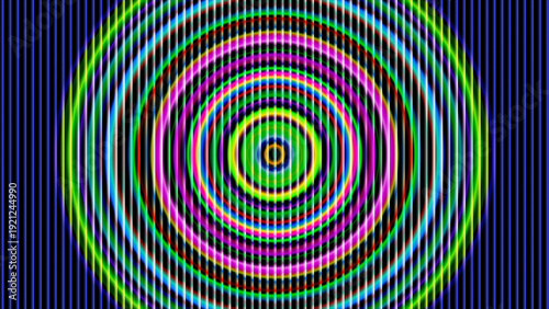 Abstract concentric circles with vibrant rainbow colors and vertical lines, creating a hypnotic optical illusion, digital art, vibrant background