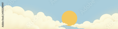Sun and clouds sky original illustration of the sun rising with clouds in the sky in a vintage halftone dots pointillism retro style