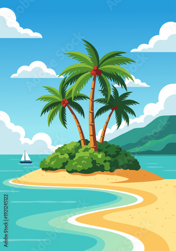 Vector illustration of a tranquil tropical island with palm trees, sandy beach, sailboat on turquoise waters, and distant mountains under a clear sky