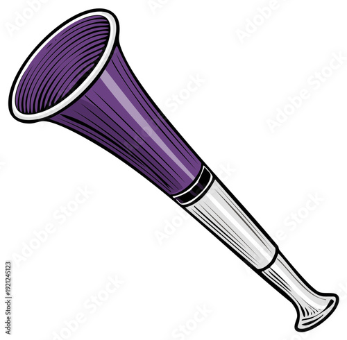 Vibrant purple and silver vuvuzela horn with engraved details against a clean background