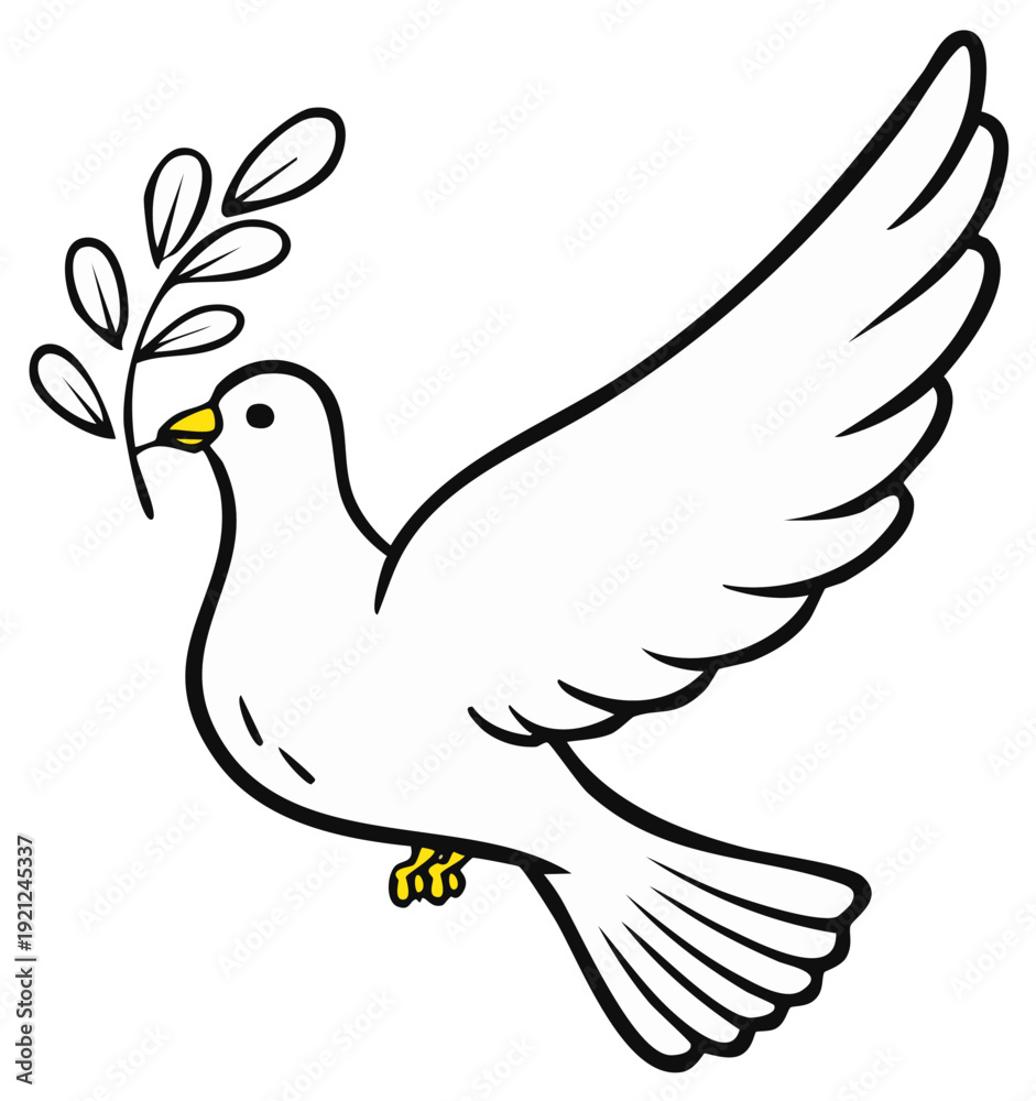 Obraz premium White dove flying with a green olive branch in its beak representing peace and hope
